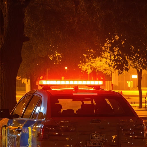 Police officers investigating a crime scene in a park at night