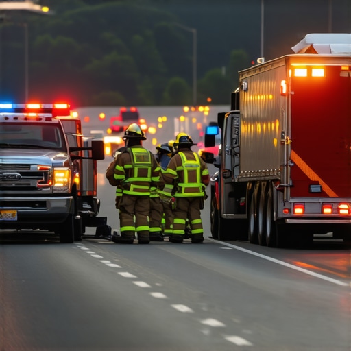 Emergency responders and damaged truck on a highway in Chesterfield, Virginia