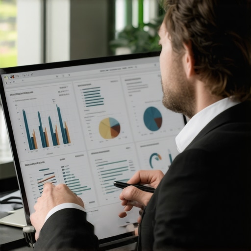 Business analyst reviewing financial documents in an office setting
