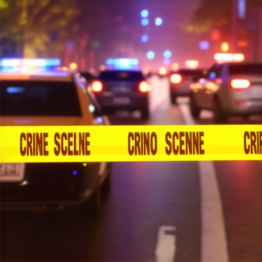 Police officers at night investigating a shooting scene with crime tape and police cars